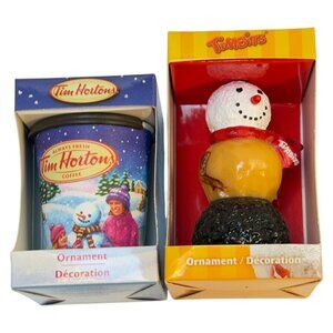 Tim Horton Ornaments Lot 2 Timbit Snowman and Holiday Cup New in Box